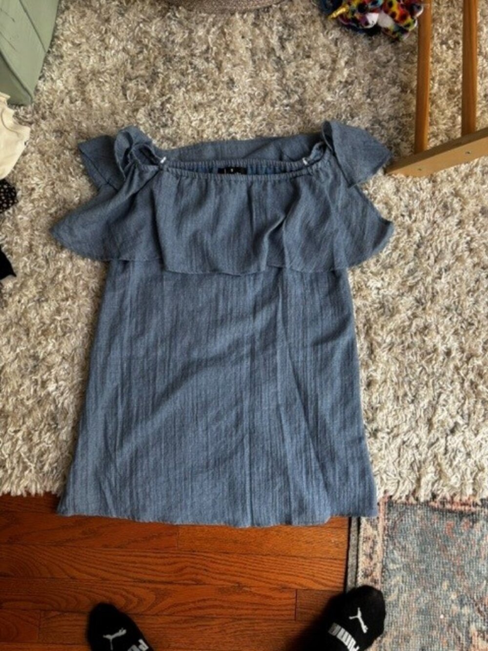 Lulus Womens Blue Ruffle Cape Off The Shoulder Peasant Chambray Mini